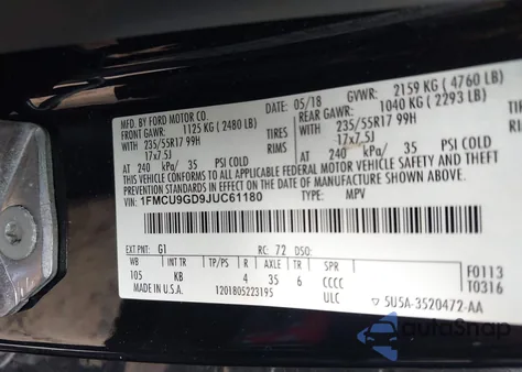 2018 Ford Escape Se из США, поврежденный, VIN 1FMCU9GD9JUC61180